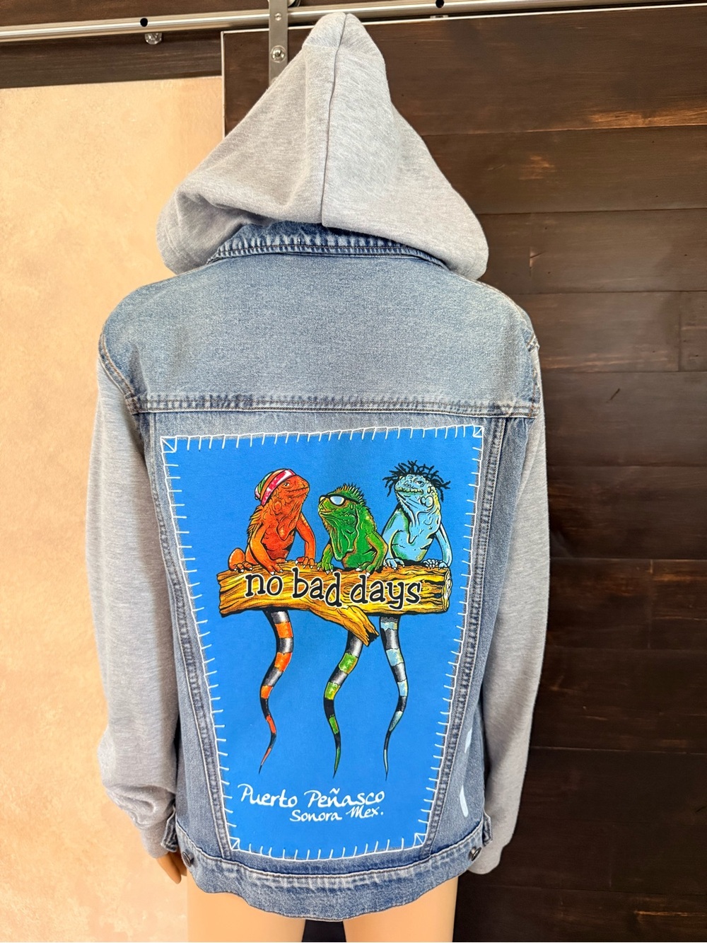 Upcycled No Bad Days Distressed Denim Hoodie Jacket Size M